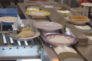 Kaiten sushi conveyor, automatic monitoring system and automatic monitoring of freshness of dishes / sushi